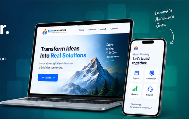Elite Innovates website and mobile app displayed on a laptop and phone